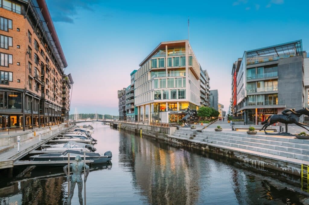 Oslo, Norway. View Of Residential Multi-storey Houses In Aker Brygge District In Summer Evening